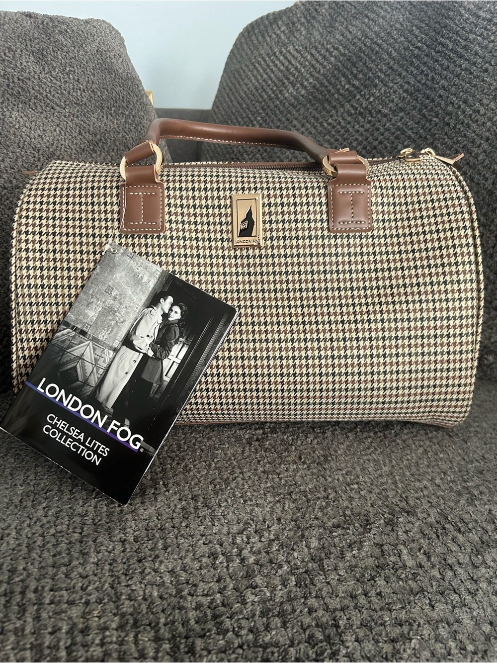 London Fog Brown Houndstooth Duffel with Tan Leather Trim